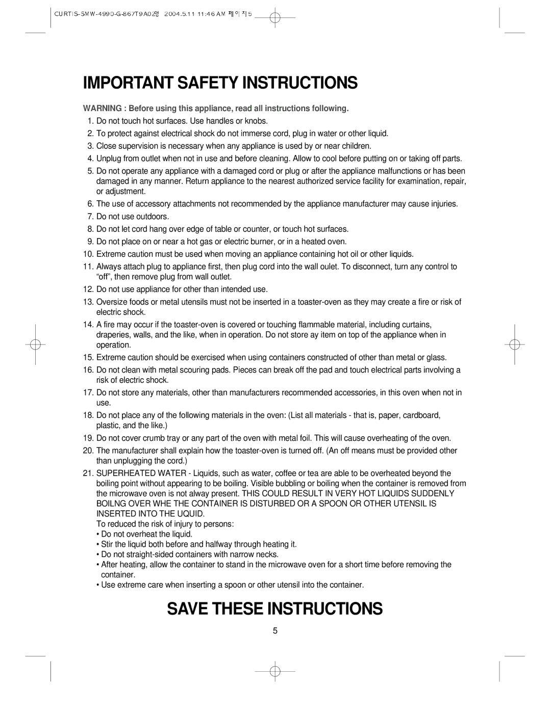 Sunbeam SMW-4990 manual Important Safety Instructions 