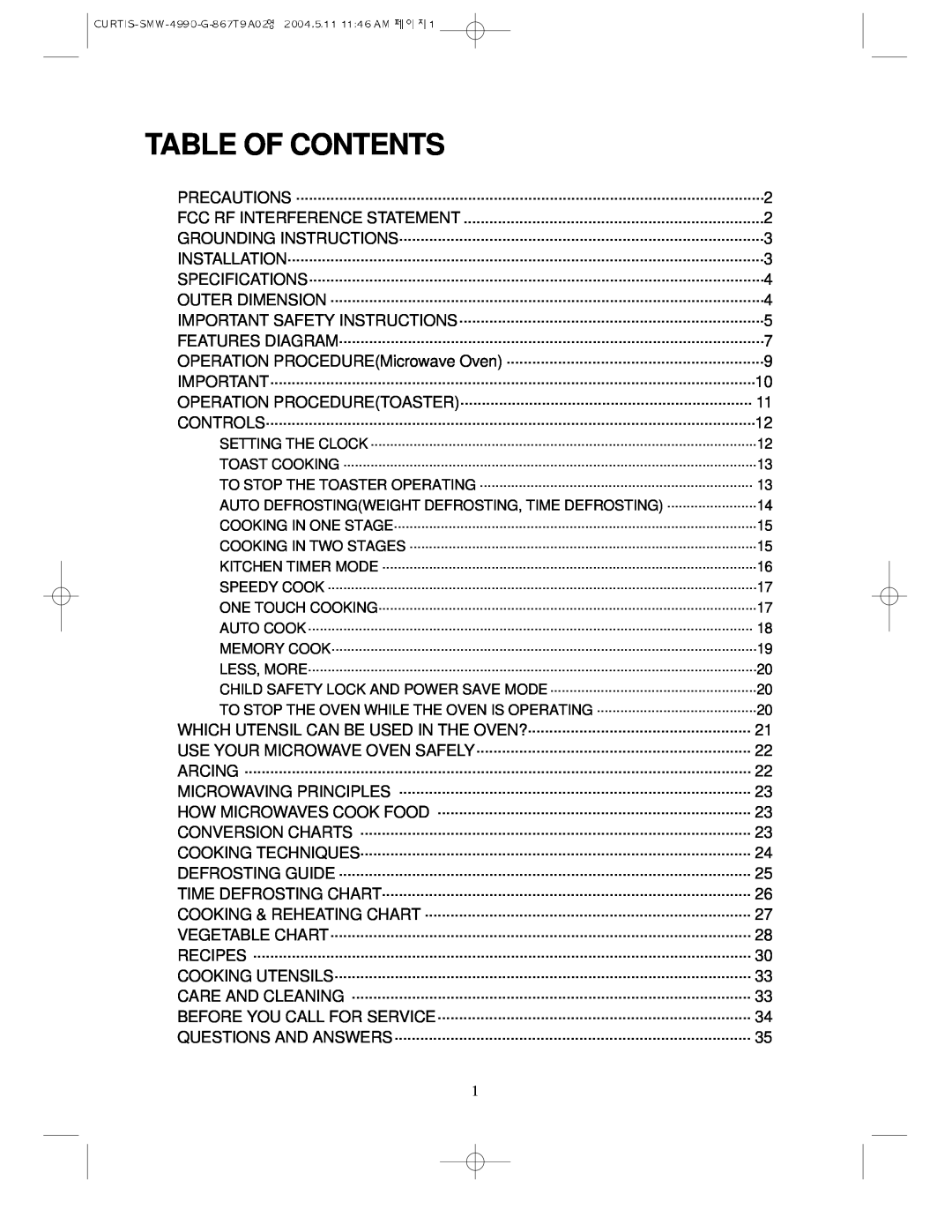 Sunbeam SMW-4990 manual Table Of Contents 