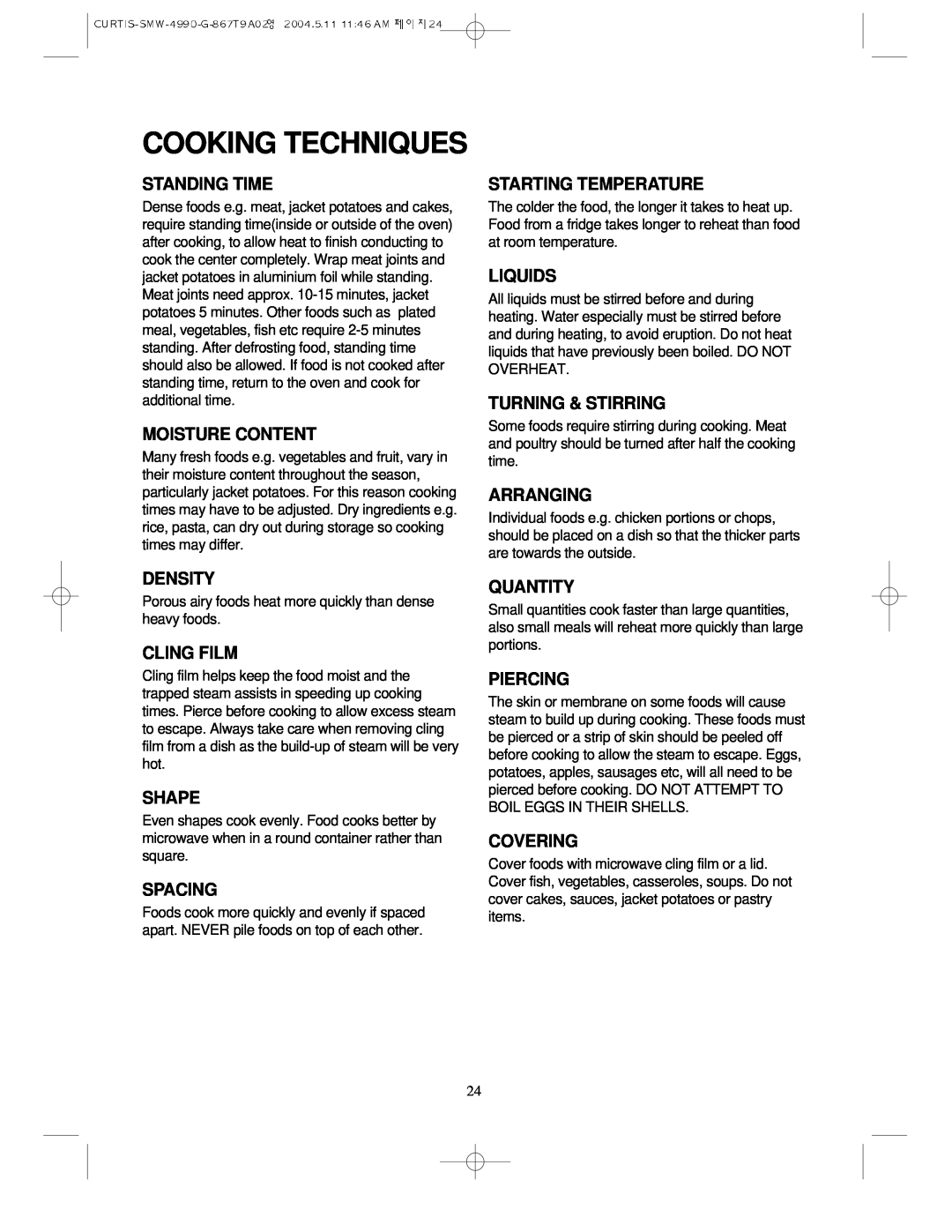 Sunbeam SMW-4990 manual Cooking Techniques 