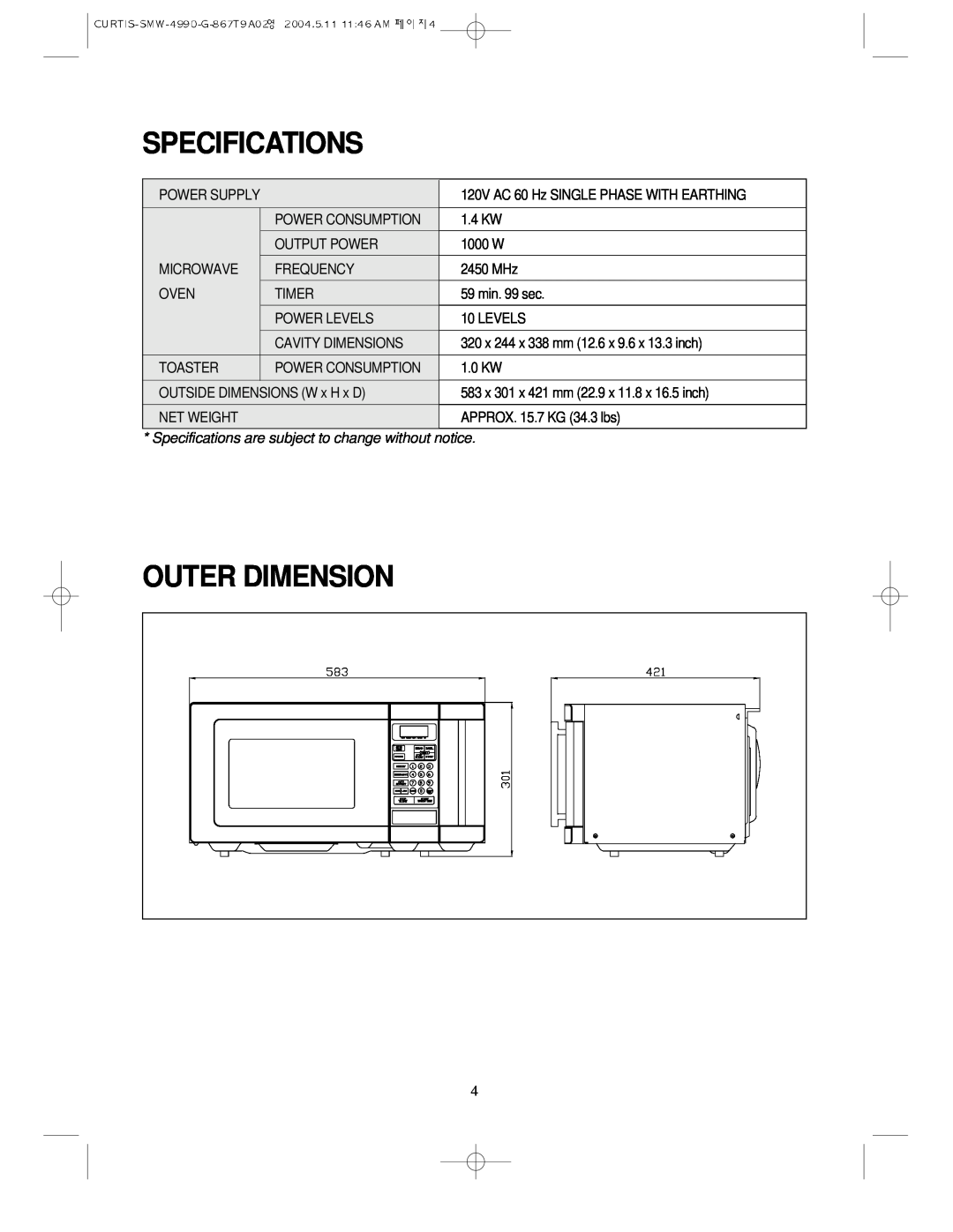 Sunbeam SMW-4990 manual Specifications, Outer Dimension 