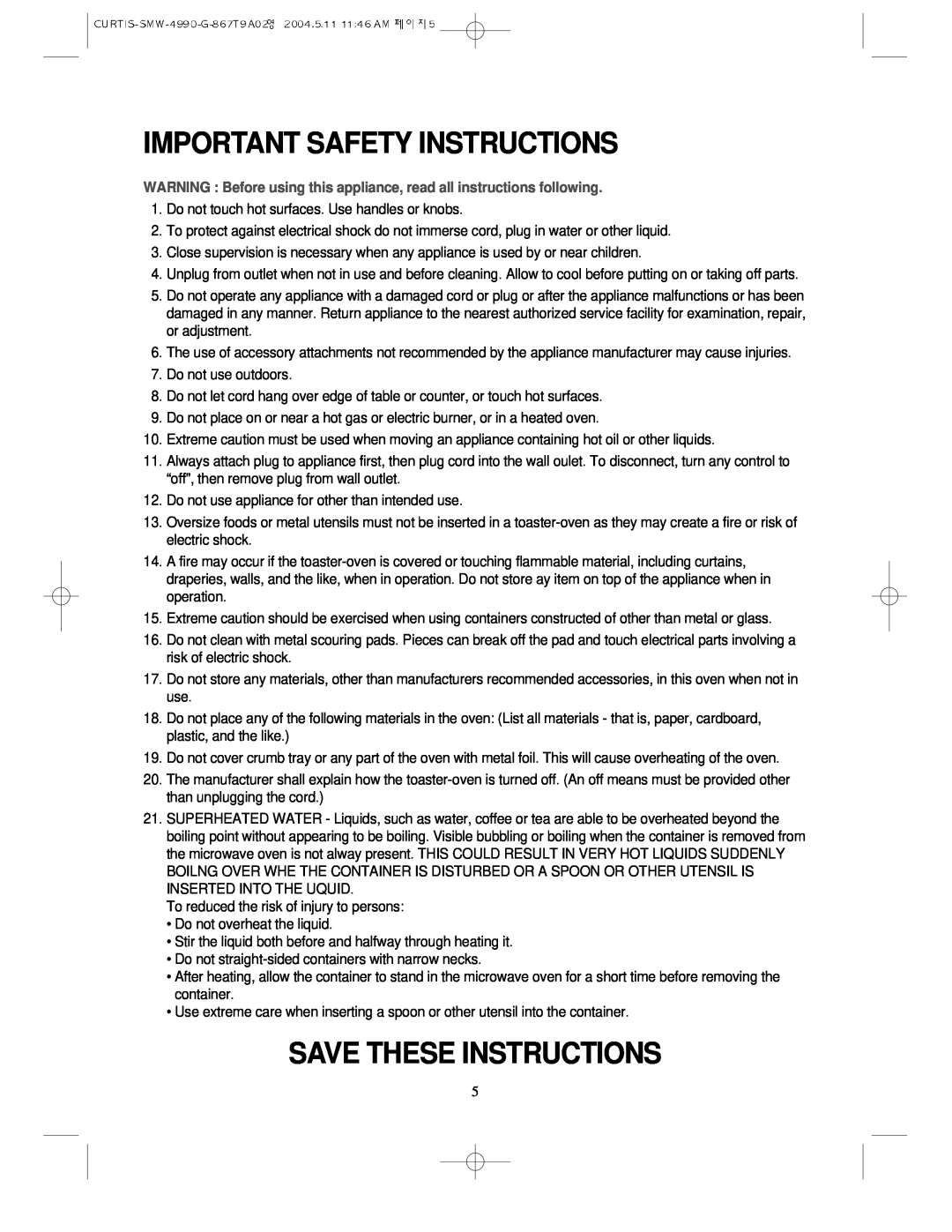 Sunbeam SMW-4990 manual Important Safety Instructions, Save These Instructions 