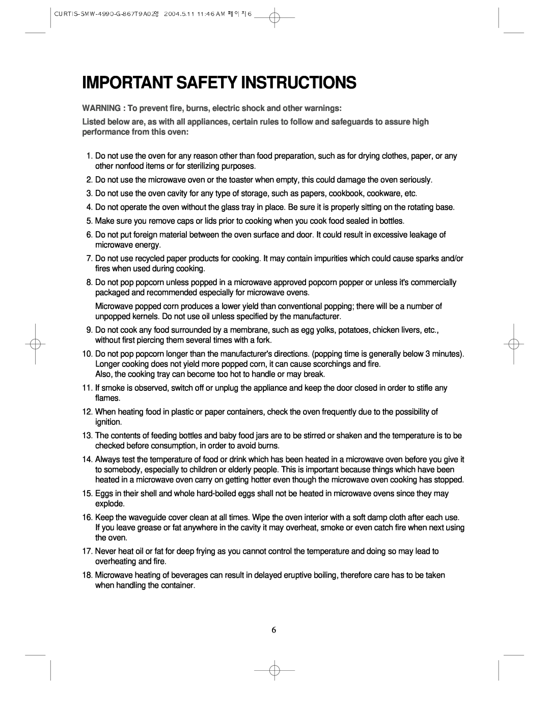 Sunbeam SMW-4990 manual Important Safety Instructions, WARNING To prevent fire, burns, electric shock and other warnings 