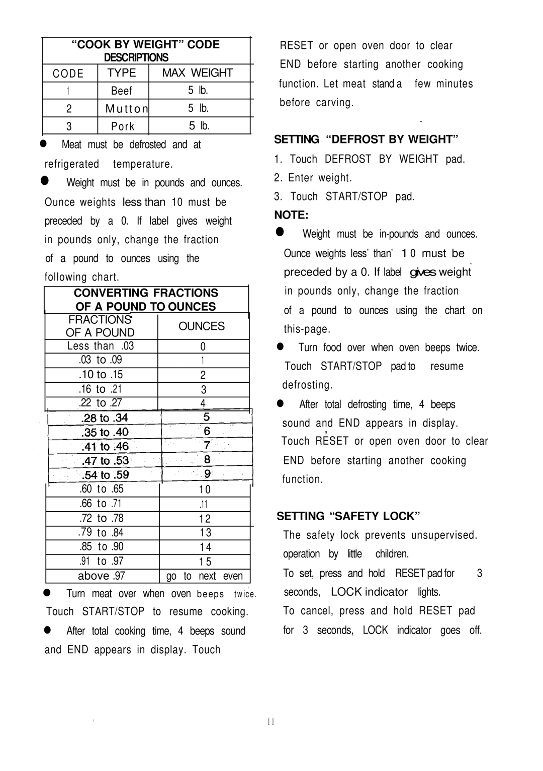 Sunbeam SMW1100 Cook by Weight Code Descriptions, Converting Fractions, A Pound to Ounces, Setting Defrost by Weight 