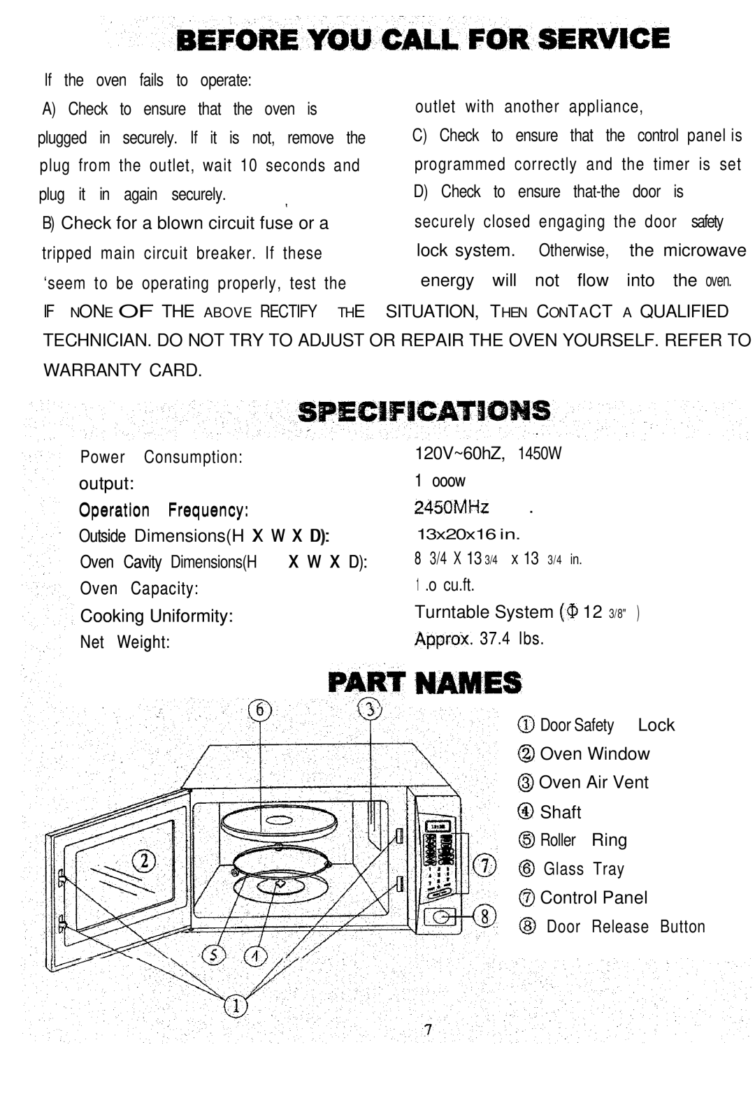 Sunbeam SMW1100 owner manual Microwave, Power Consumption output, 120V~60hZ, 1450W, Ooow 