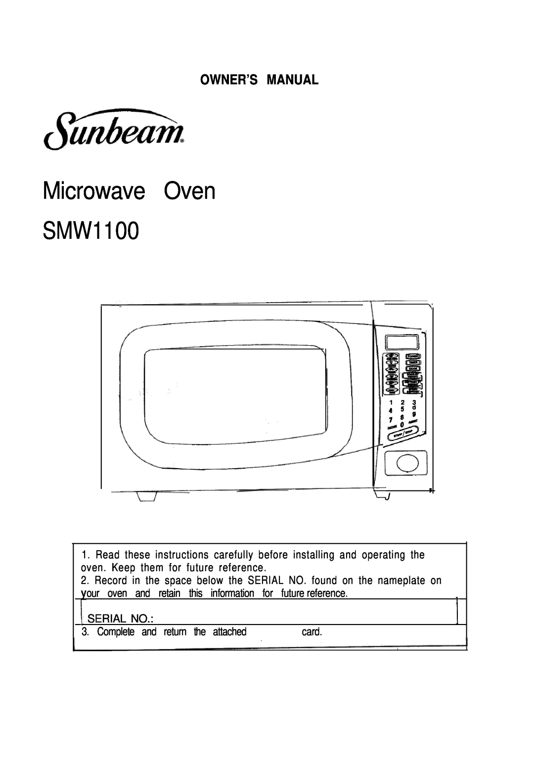 Sunbeam owner manual Microwave Oven SMW1100 