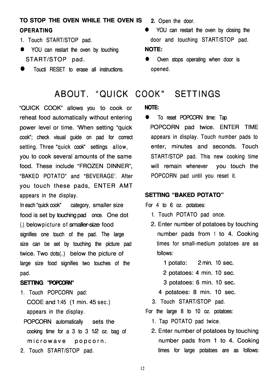 Sunbeam SMW1100 owner manual About. “Quick Cook Settings, To Stop The Oven While The Oven Is Operating, Setting Popcorn 