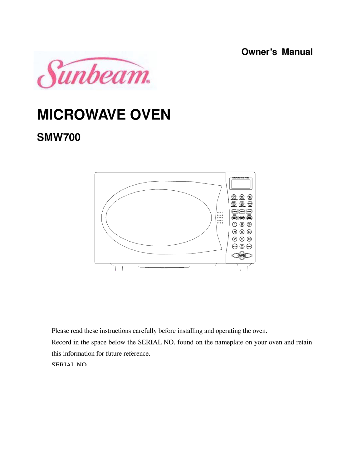 Sunbeam SMW700 owner manual Microwave Oven 