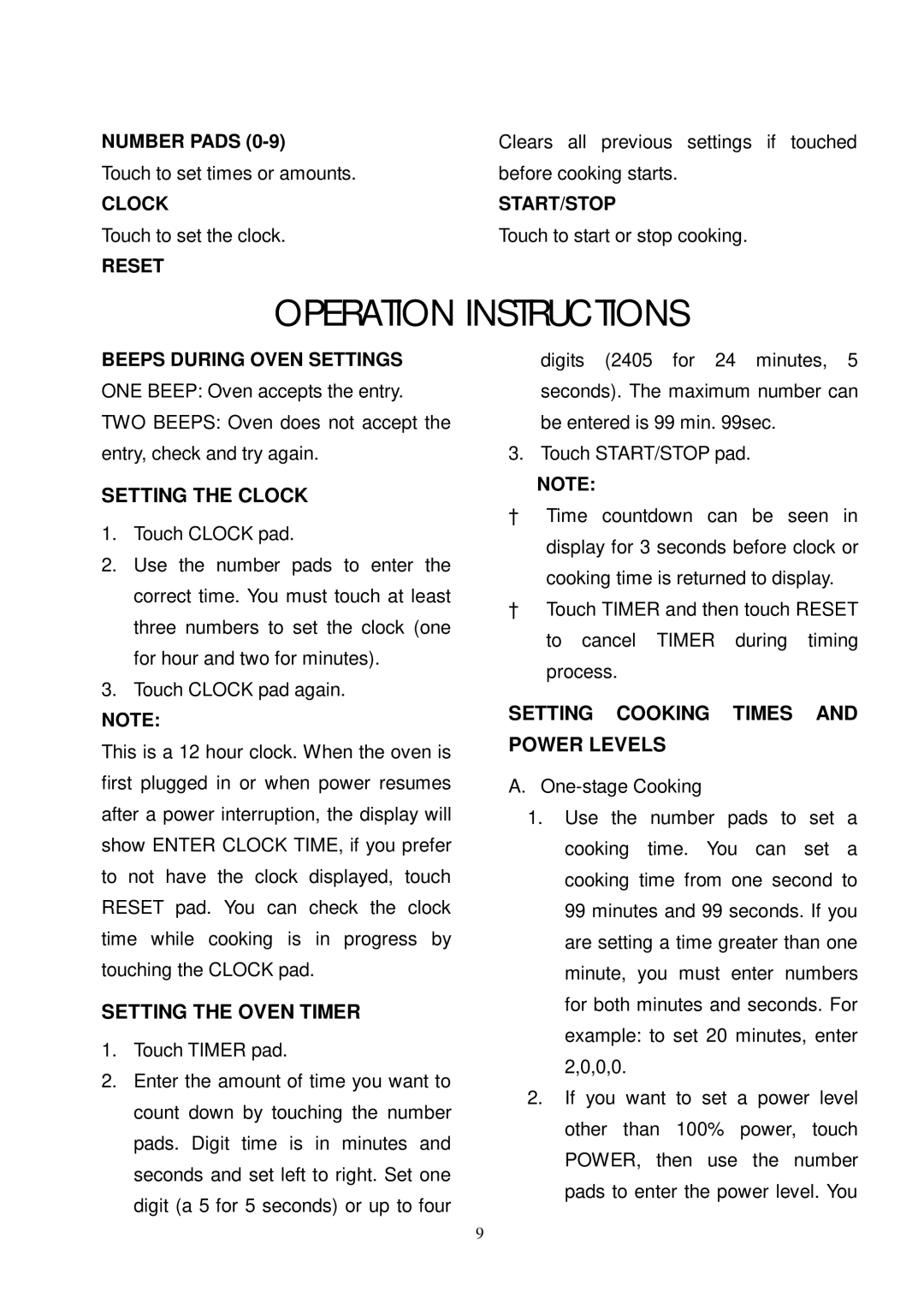 Sunbeam SMW700 Operation Instructions, Setting the Clock, Setting the Oven Timer, Setting Cooking Times and Power Levels 