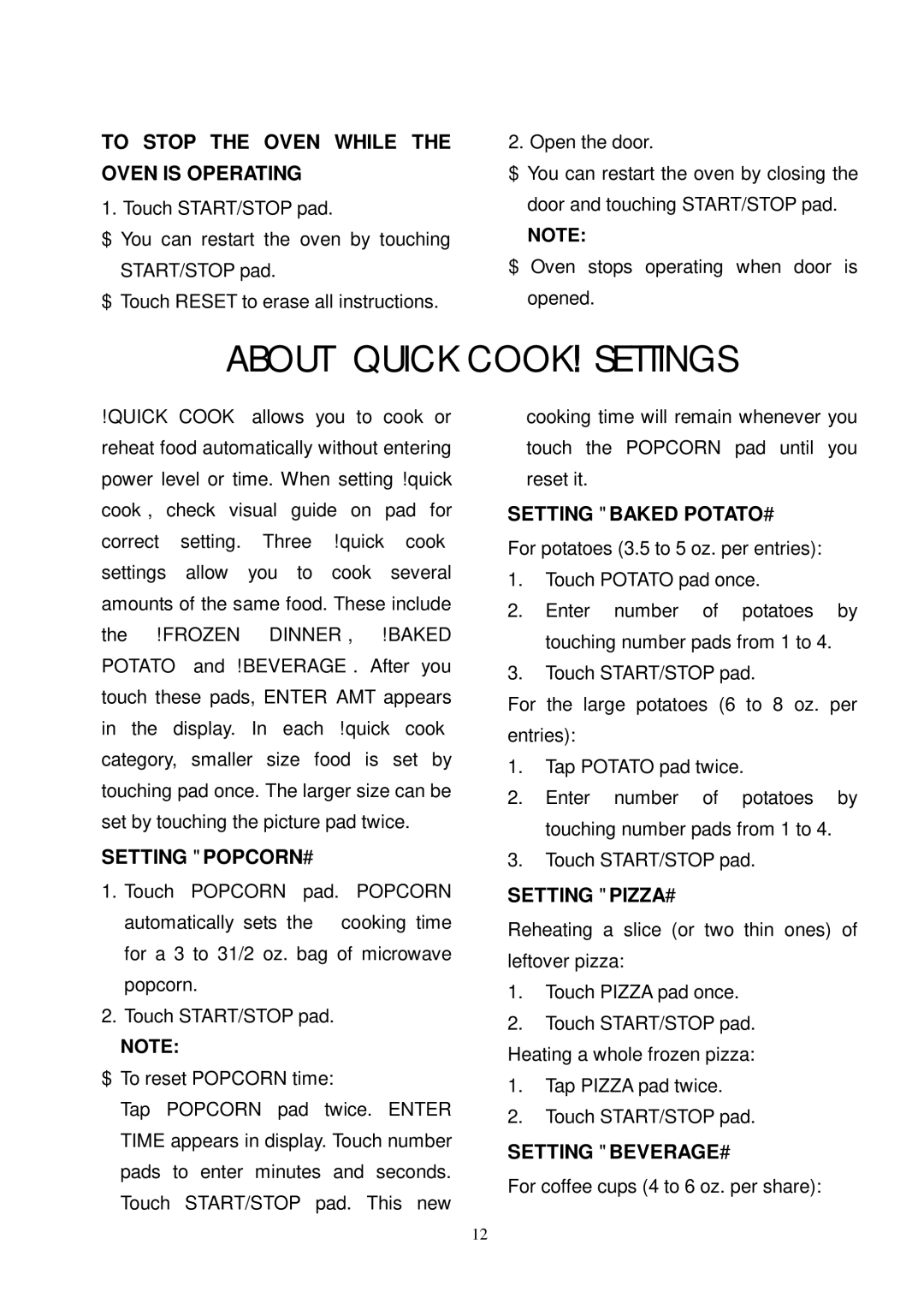 Sunbeam SMW700 owner manual About Quick Cook Settings 