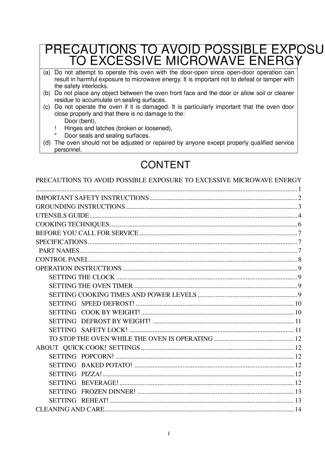 Sunbeam SMW700 owner manual To Excessive Microwave Energy, Content 