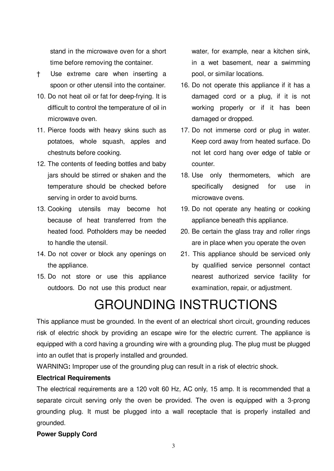 Sunbeam SMW700 owner manual Grounding Instructions, Electrical Requirements, Power Supply Cord 