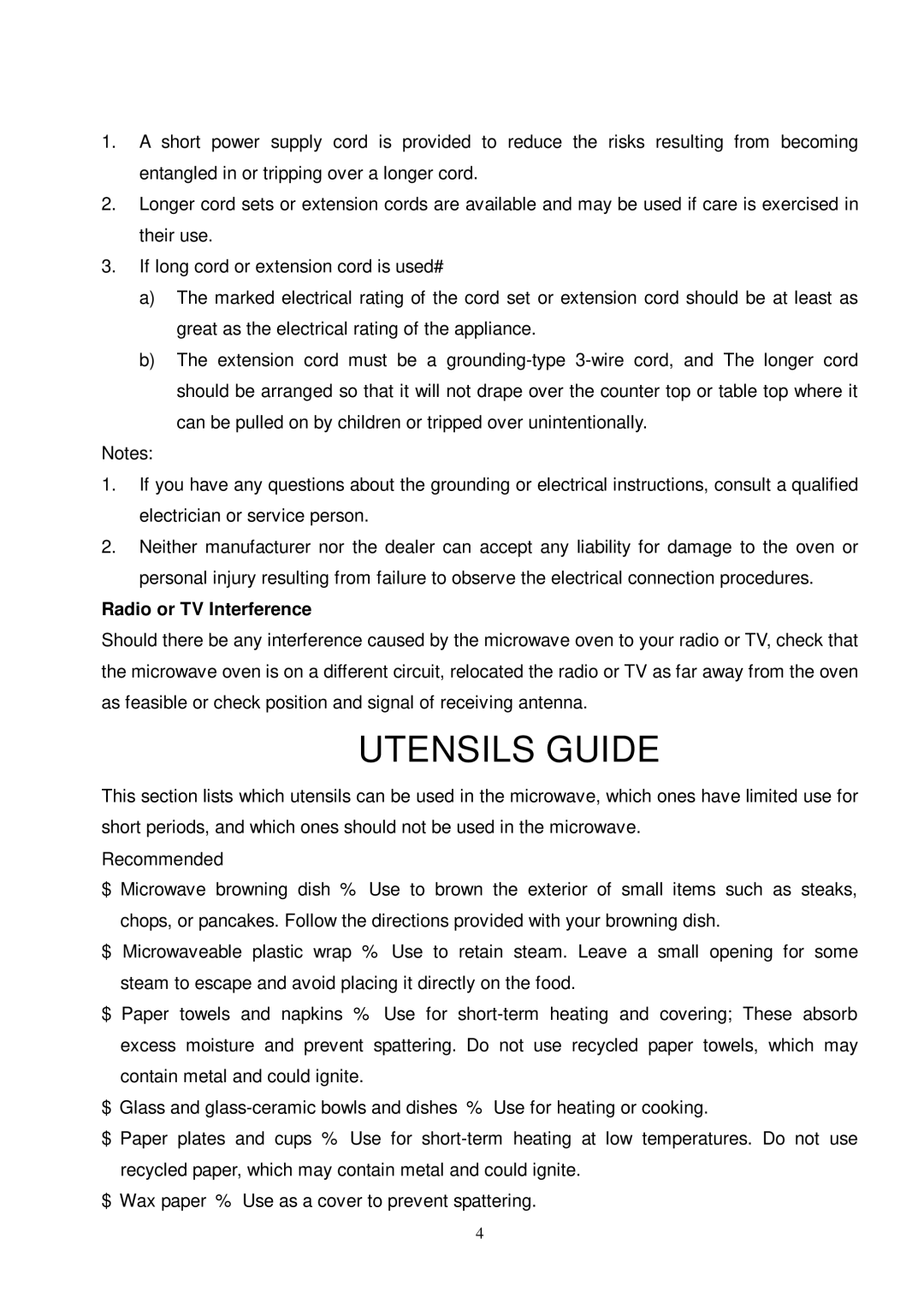 Sunbeam SMW700 owner manual Utensils Guide, Radio or TV Interference, Recommended 