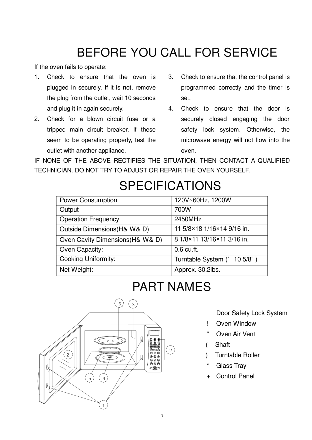 Sunbeam SMW700 owner manual Before YOU Call for Service, Specifications, Part Names 