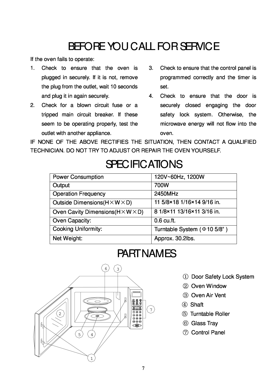 Sunbeam SMW700 owner manual Before You Call For Service, Specifications, Part Names, ⑦ Control Panel 