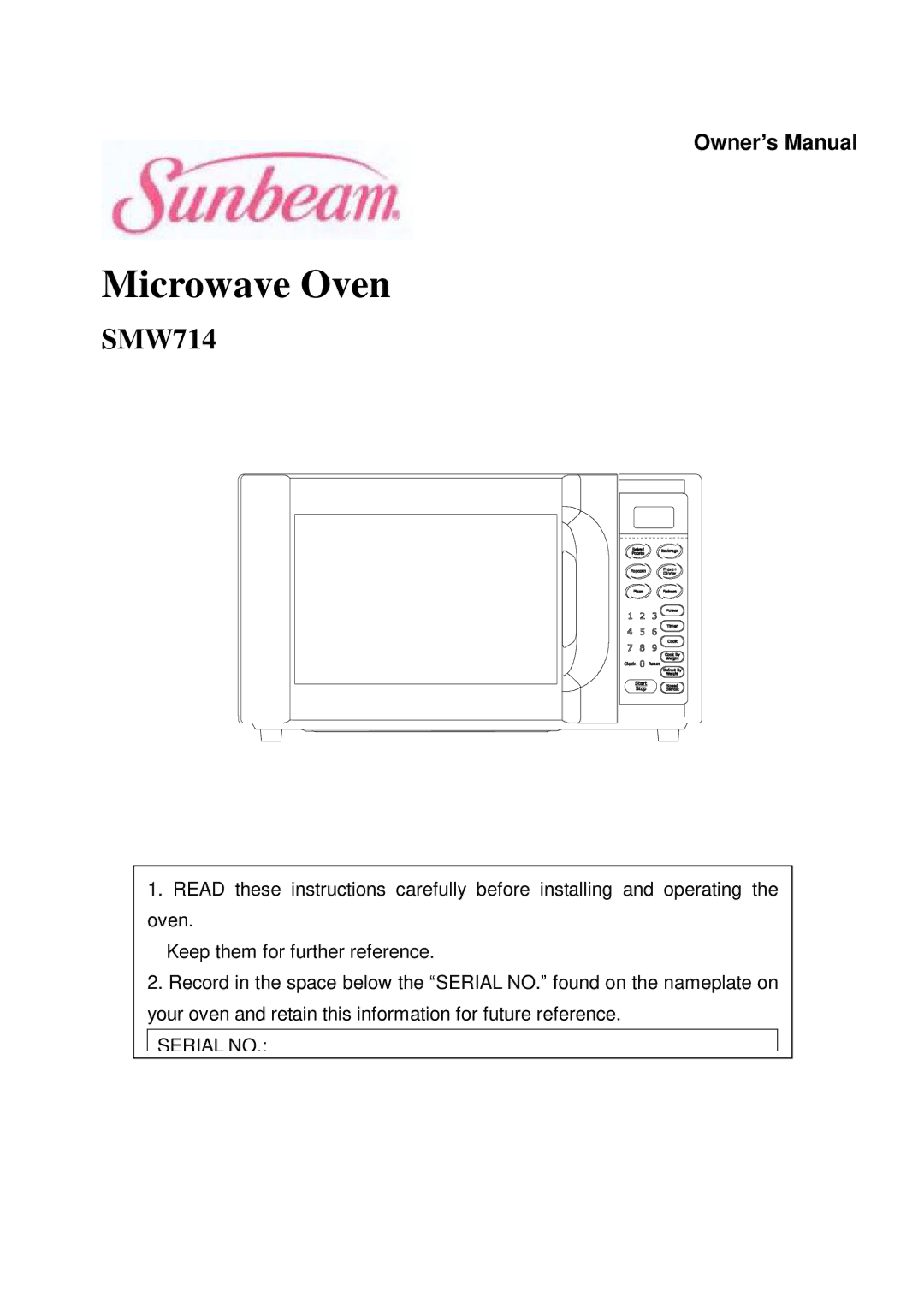 Sunbeam SMW7141 owner manual Microwave Oven 