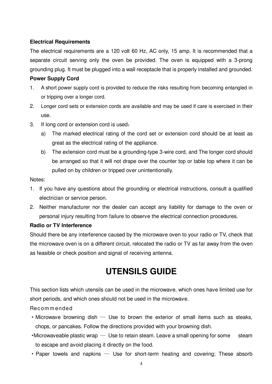 Sunbeam SMW7141 Utensils Guide, Electrical Requirements, Power Supply Cord, Radio or TV Interference, Recommended 