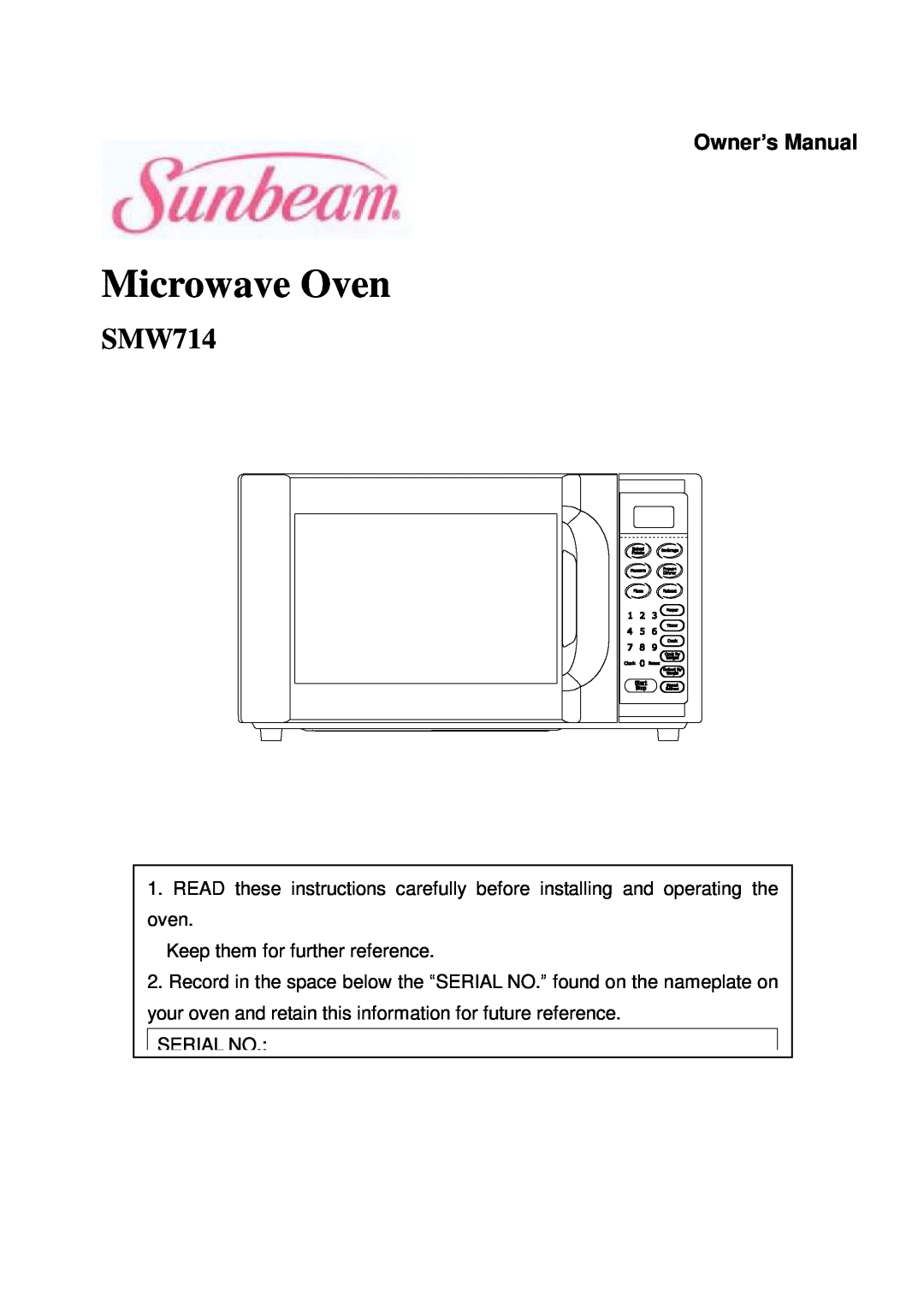 Sunbeam SMW7141 owner manual Microwave Oven 