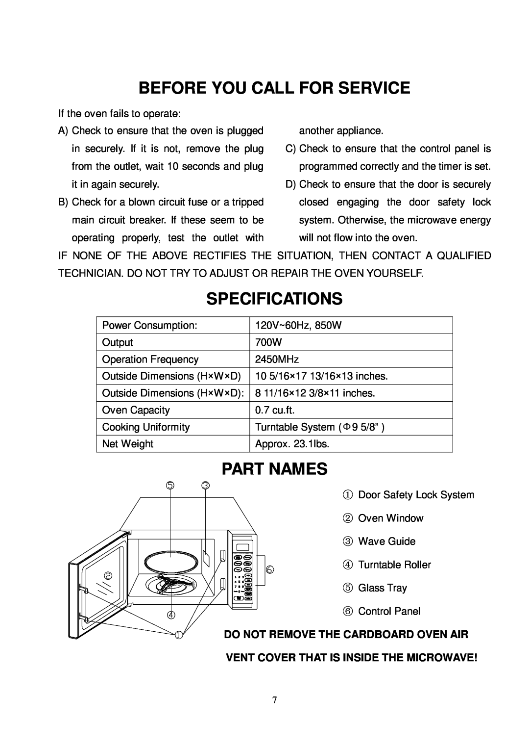Sunbeam SMW7141 owner manual Before You Call For Service, Specifications, Part Names, Do Not Remove The Cardboard Oven Air 