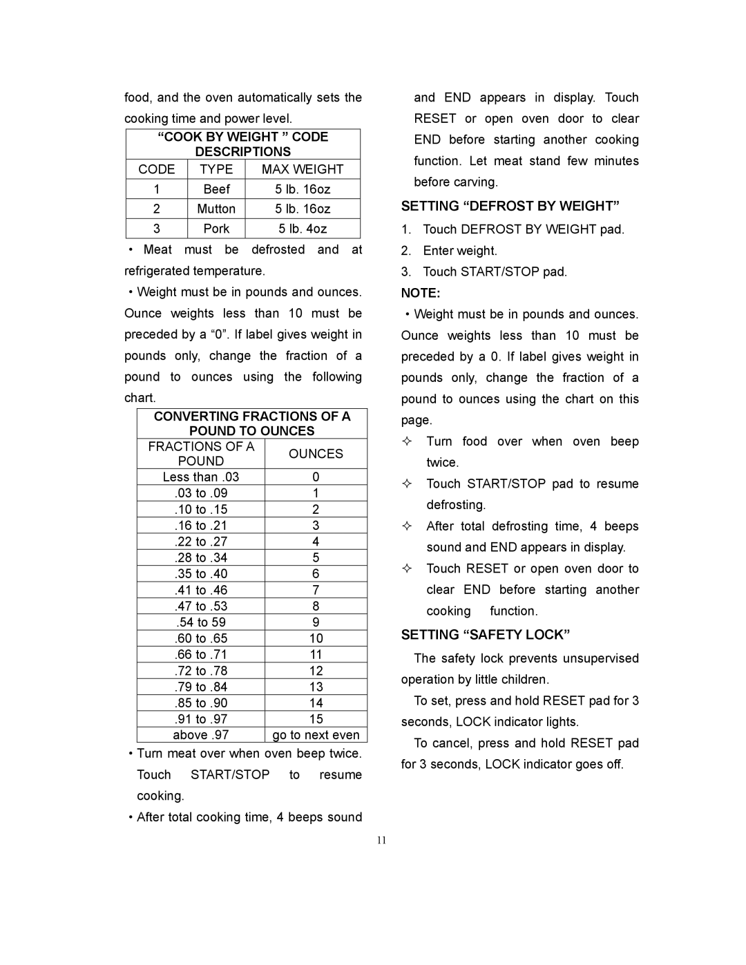 Sunbeam SMW729 owner manual Setting Defrost by Weight, Setting Safety Lock, Cook by Weight Code Descriptions 