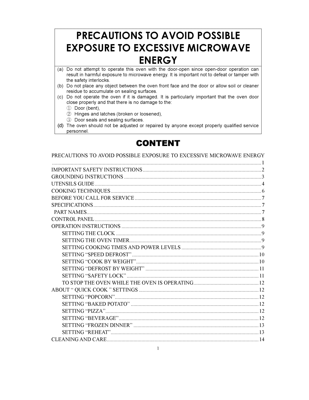 Sunbeam SMW729 owner manual Content 