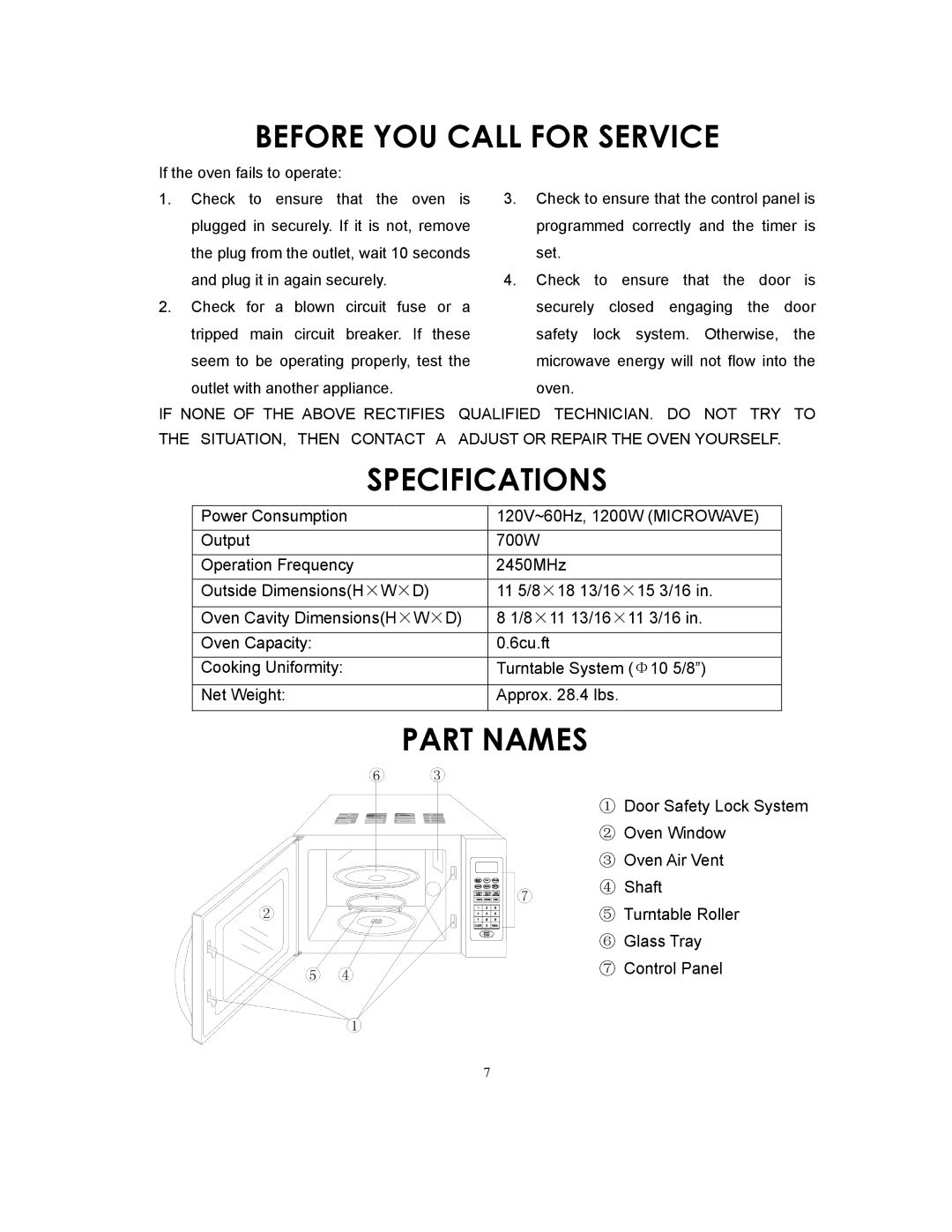 Sunbeam SMW729 owner manual Before YOU Call for Service, Specifications, Part Names 