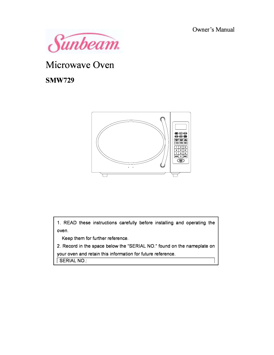 Sunbeam SMW729 owner manual Microwave Oven 