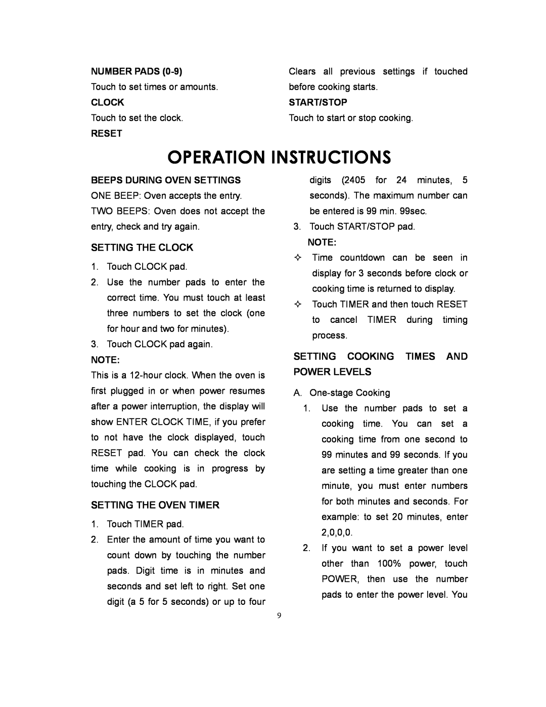 Sunbeam SMW729 Operation Instructions, Setting The Clock, Setting The Oven Timer, Setting Cooking Times And Power Levels 