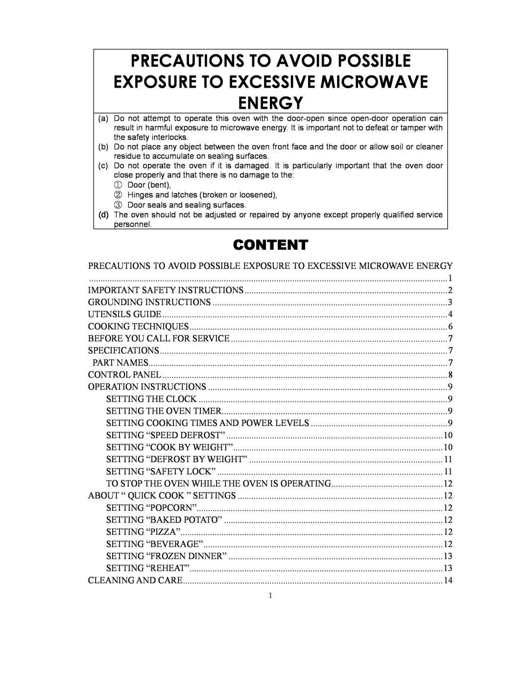 Sunbeam SMW729 owner manual Precautions To Avoid Possible Exposure To Excessive Microwave Energy, Content 