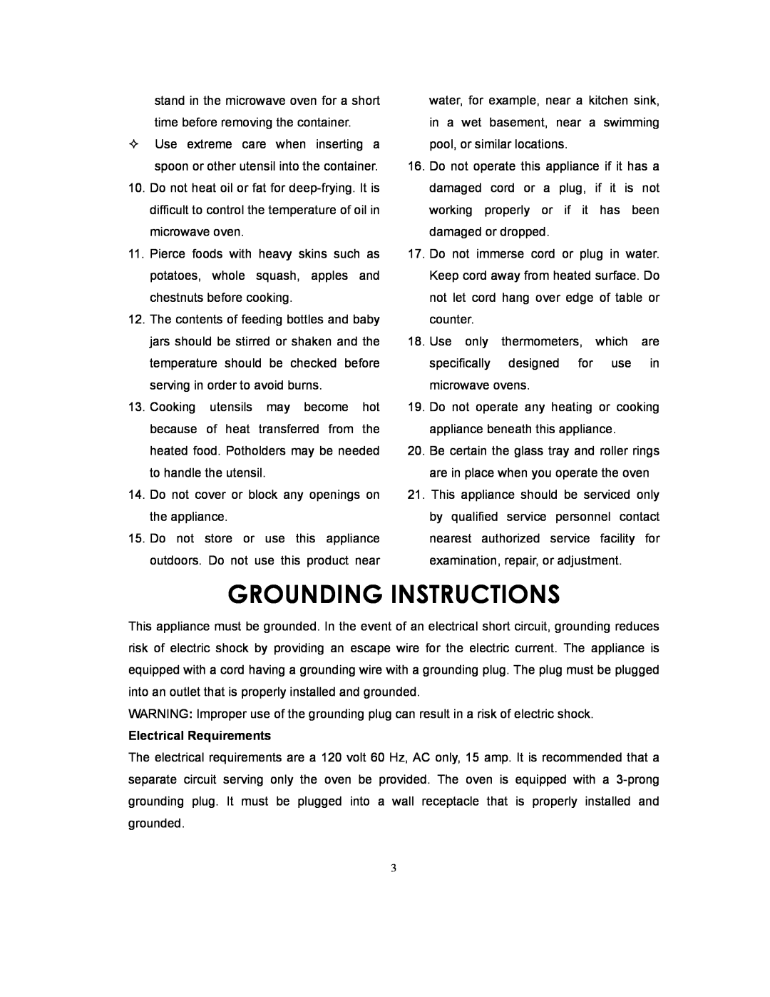 Sunbeam SMW729 owner manual Grounding Instructions, Electrical Requirements 