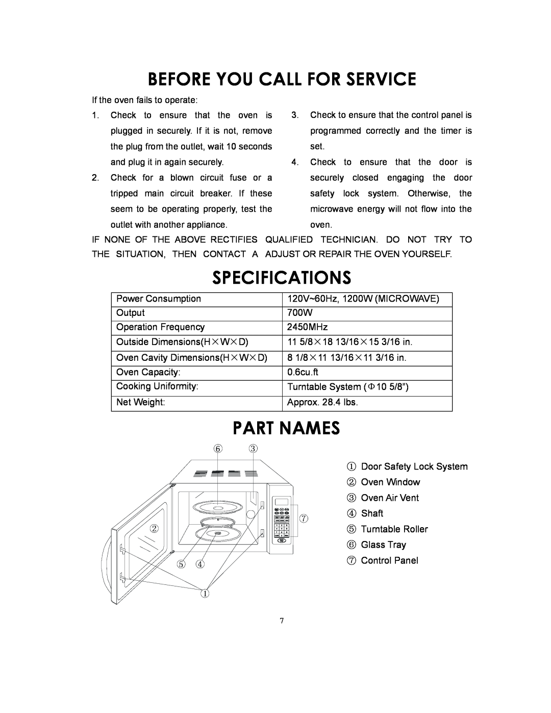 Sunbeam SMW729 owner manual Before You Call For Service, Specifications, Part Names 