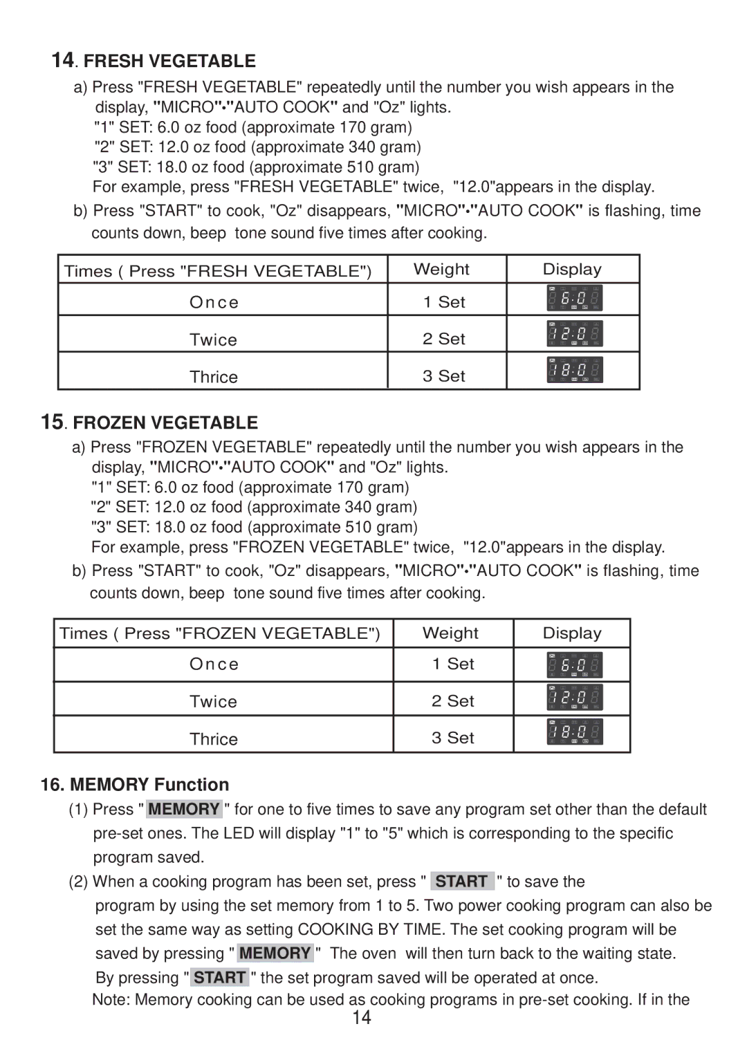 Sunbeam SMW730 instruction manual Fresh Vegetable, Memory Function 