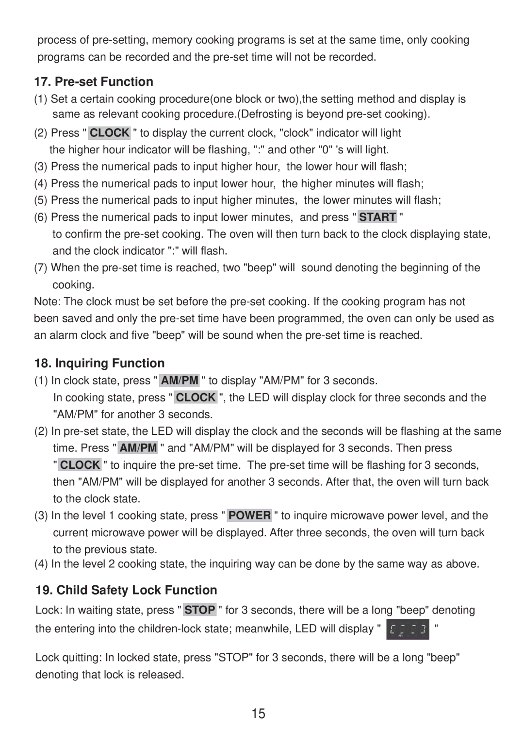 Sunbeam SMW730 instruction manual Pre-set Function, Inquiring Function, Child Safety Lock Function 