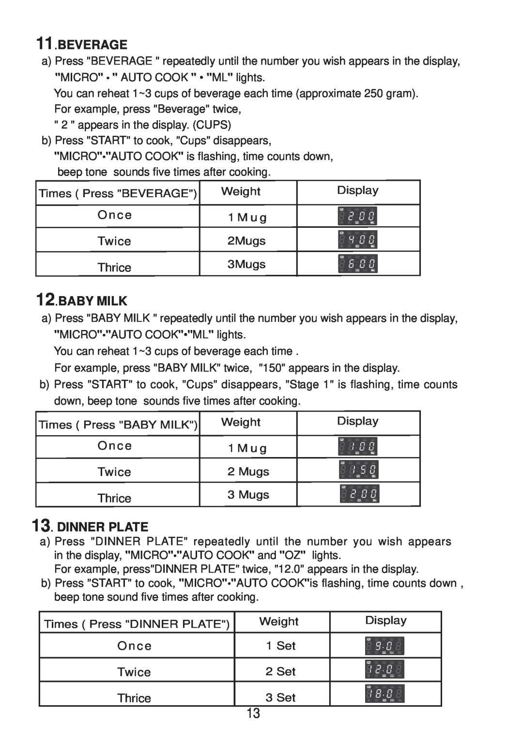 Sunbeam SMW730 instruction manual Beverage, Baby Milk, Dinner Plate 