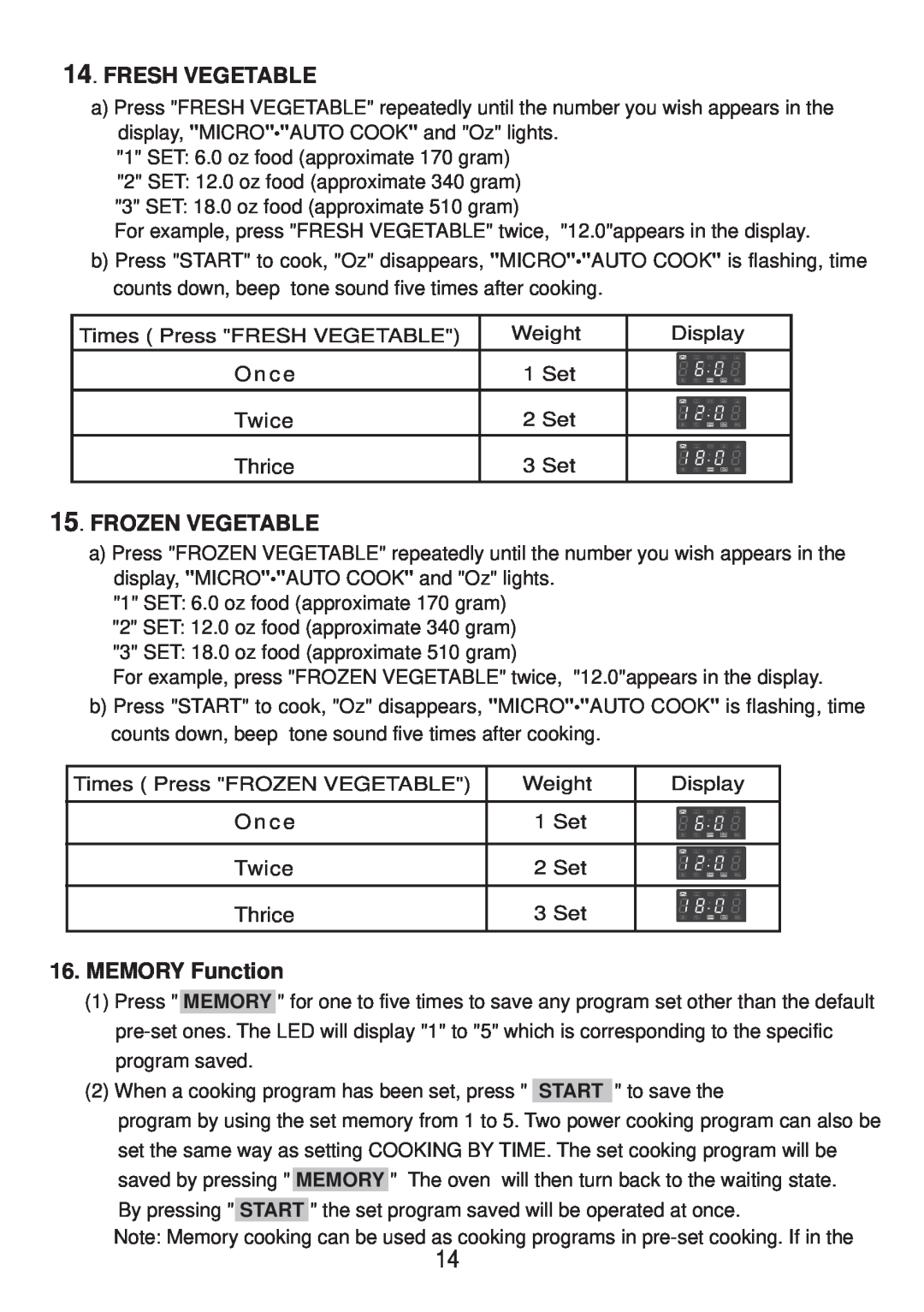 Sunbeam SMW730 instruction manual Fresh Vegetable, Frozen Vegetable, MEMORY Function 