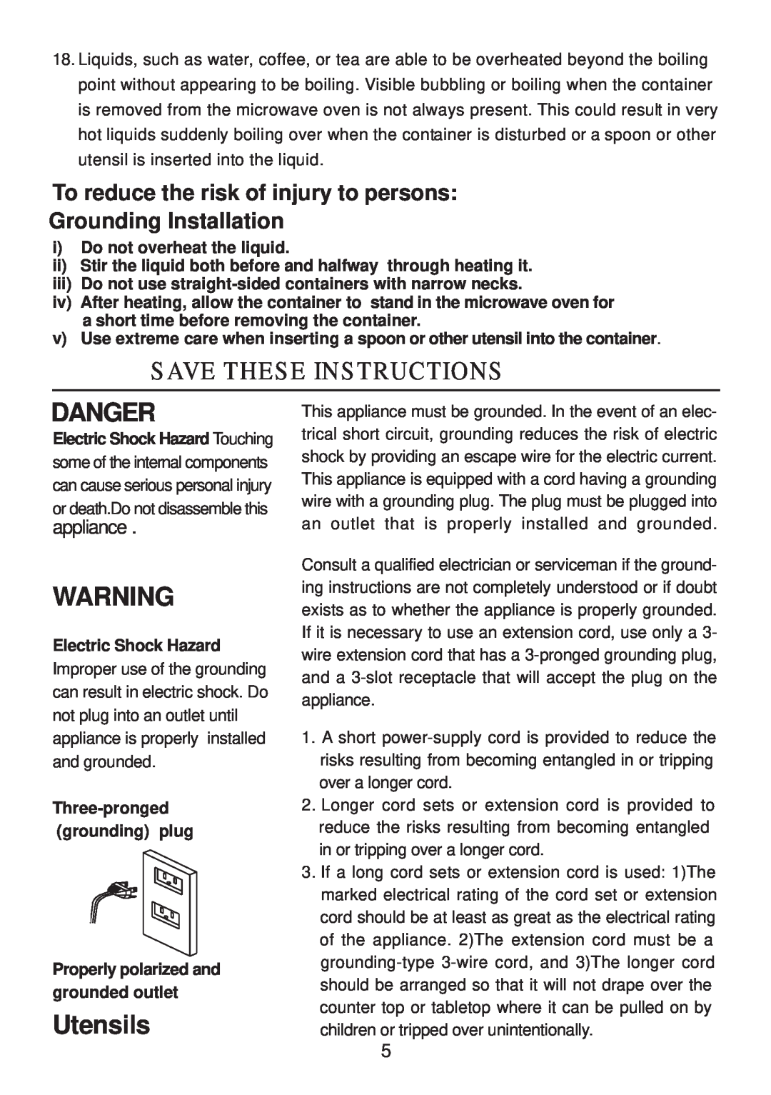 Sunbeam SMW730 Save These Instructions, Danger, Utensils, To reduce the risk of injury to persons Grounding Installation 