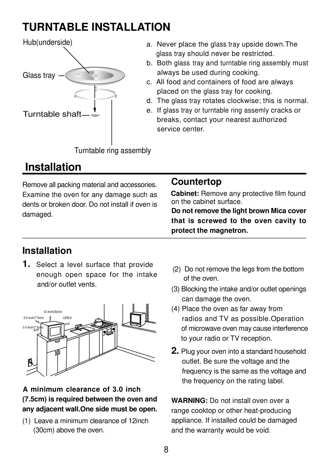 Sunbeam SMW730 instruction manual Turntable Installation, Countertop 