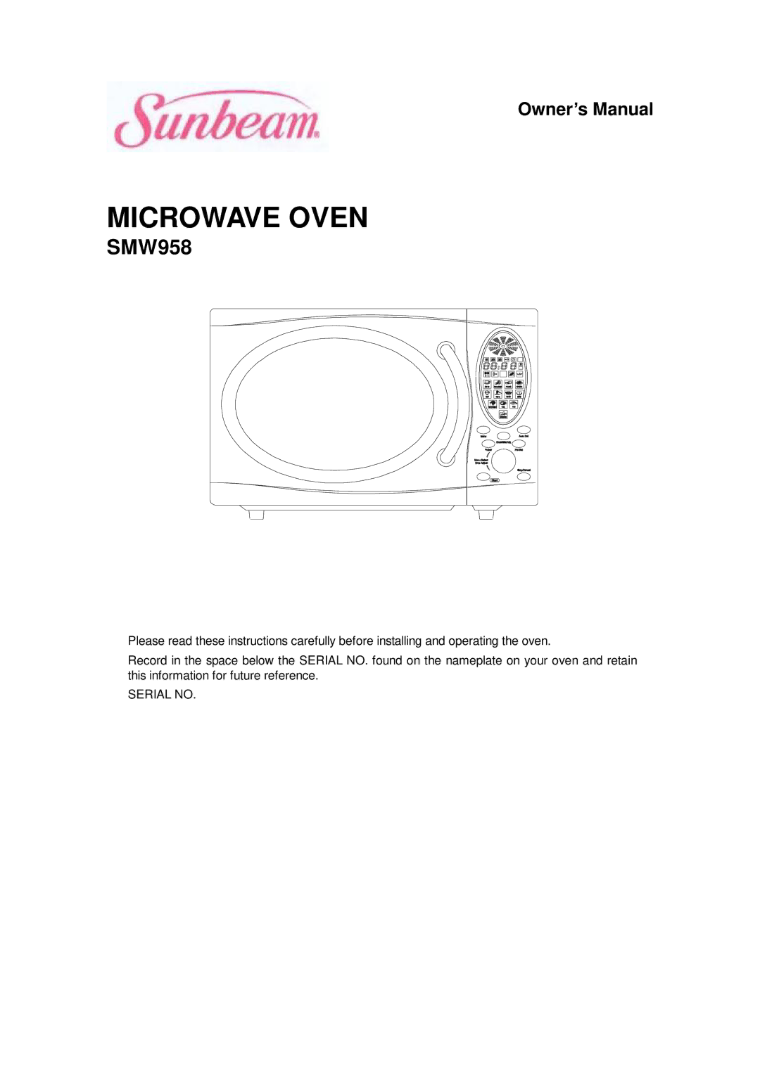 Sunbeam SMW958 owner manual Microwave Oven 