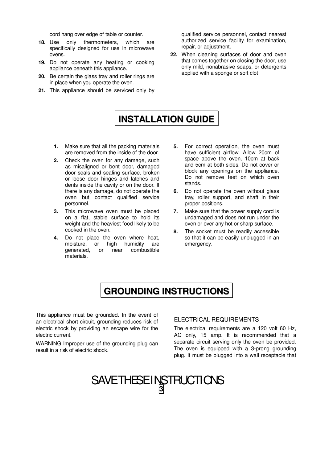 Sunbeam SMW958 owner manual Installation Guide, Grounding Instructions 