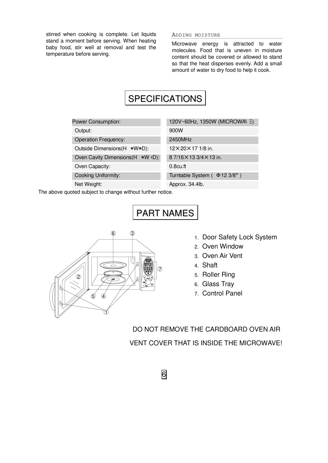 Sunbeam SMW958 owner manual Specifications, Part Names 