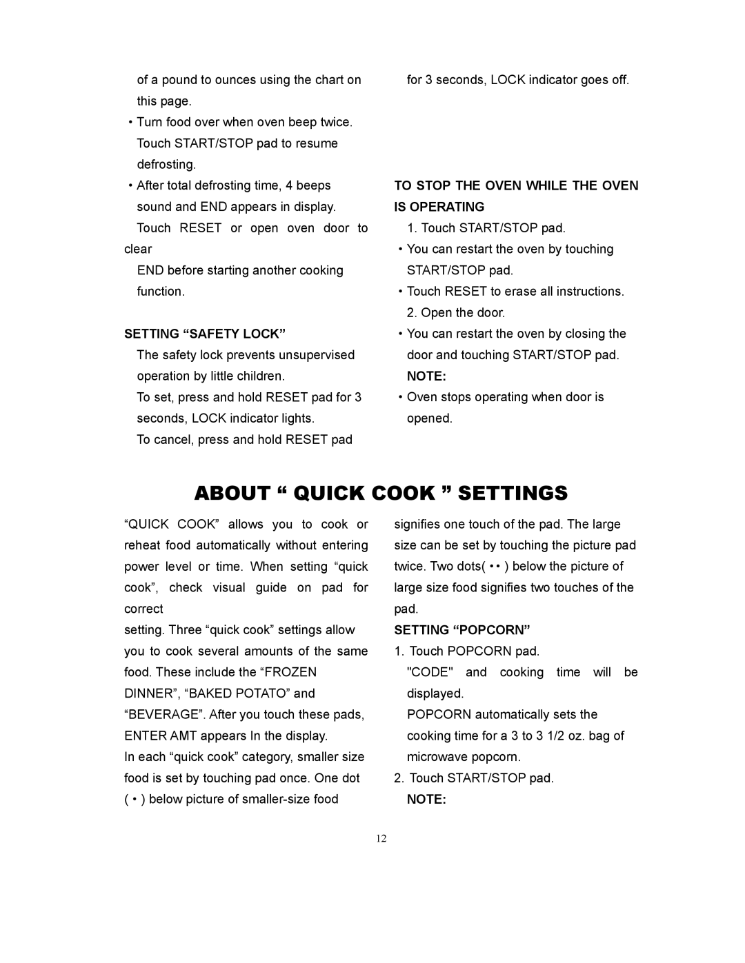 Sunbeam SMW978 owner manual About Quick Cook Settings, Setting Safety Lock, To Stop the Oven While the Oven is Operating 