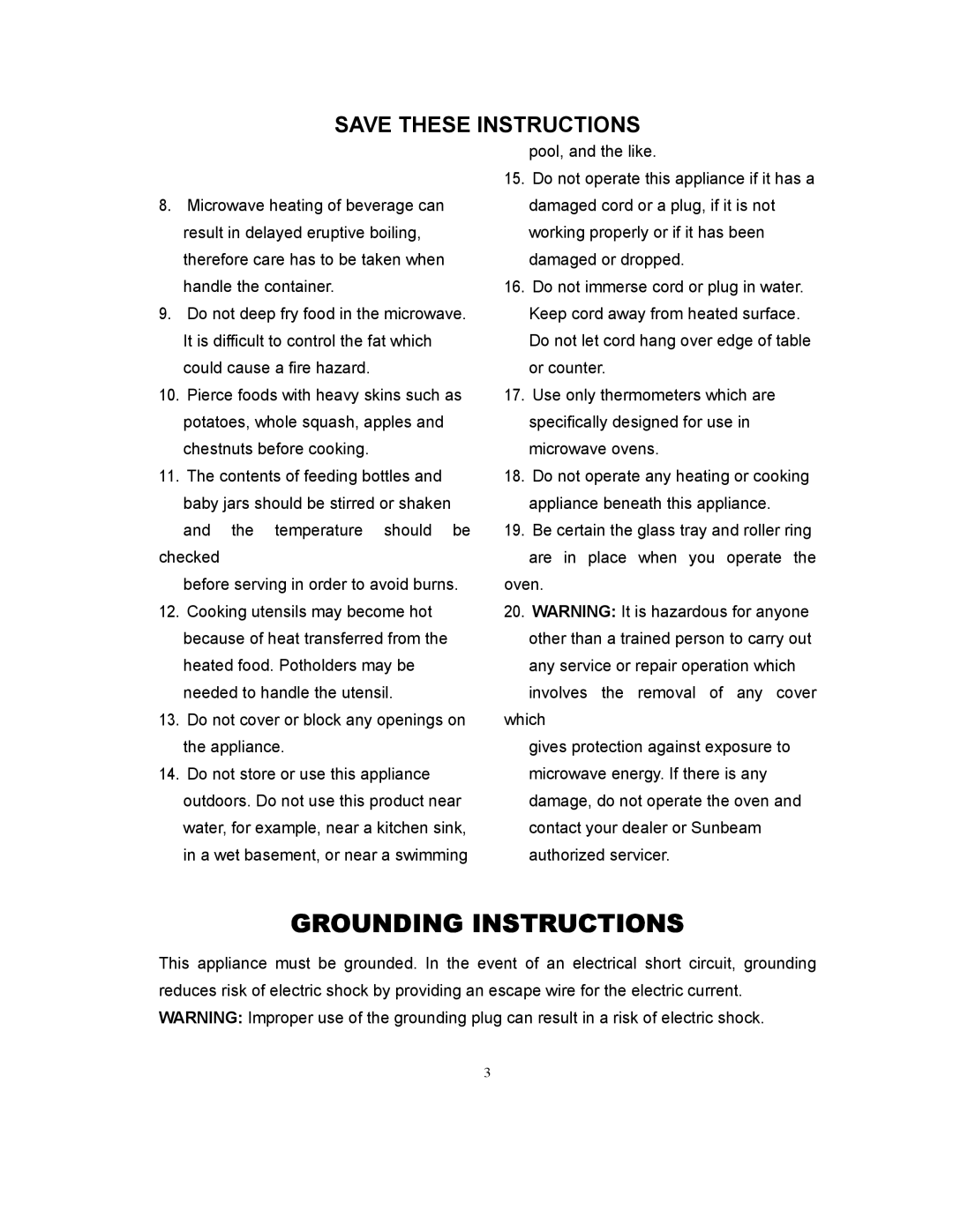 Sunbeam SMW978 owner manual Grounding Instructions 