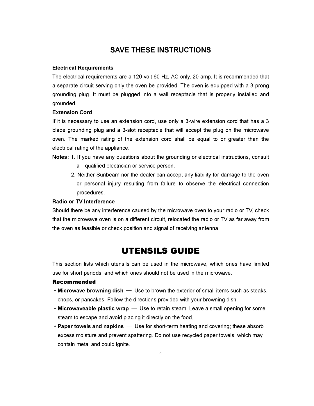 Sunbeam SMW978 owner manual Utensils Guide, Electrical Requirements 