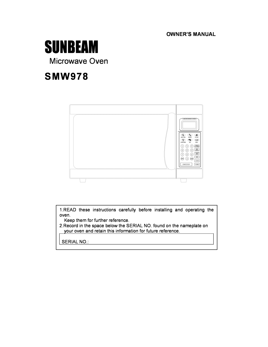 Sunbeam SMW978 owner manual Sunbeam, Microwave Oven 