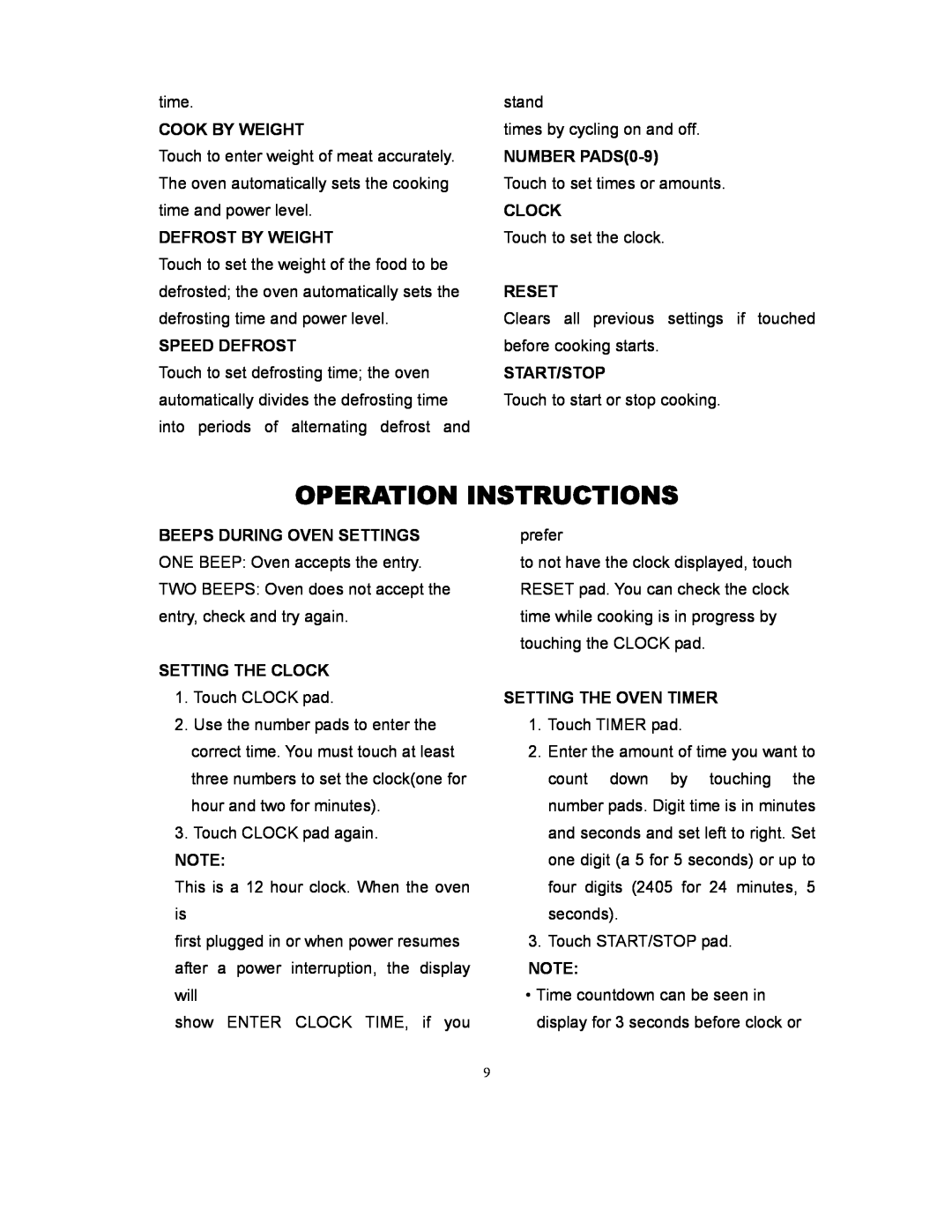 Sunbeam SMW978 owner manual Operation Instructions 