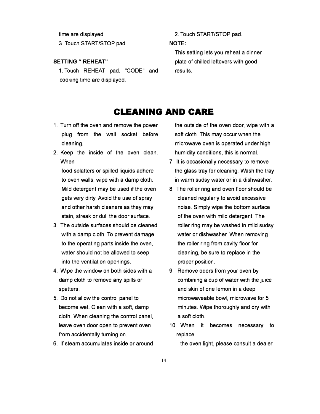 Sunbeam SMW978 owner manual Cleaning And Care, Setting “ Reheat” 