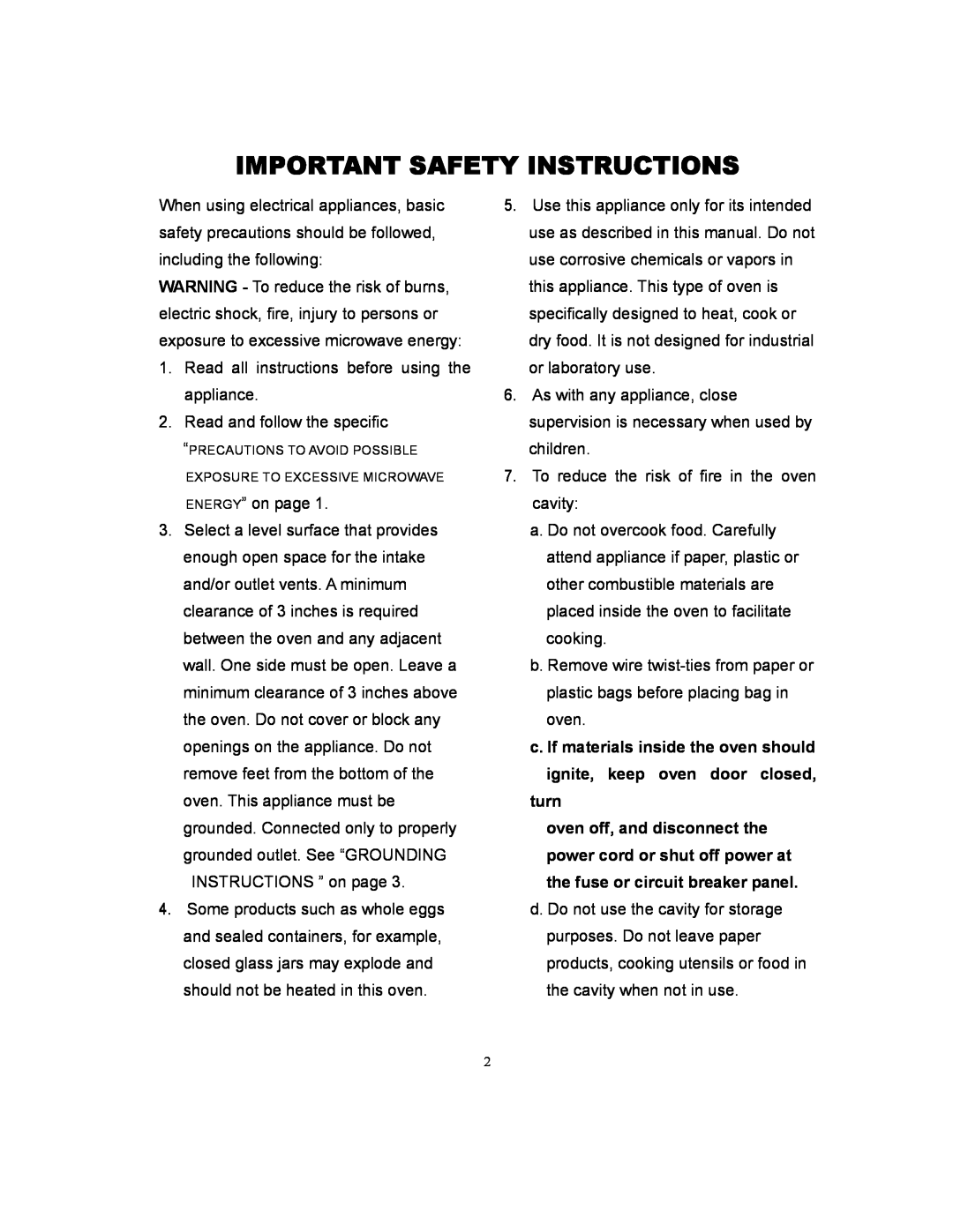 Sunbeam SMW978 Important Safety Instructions, c.If materials inside the oven should, ignite, keep oven door closed, turn 