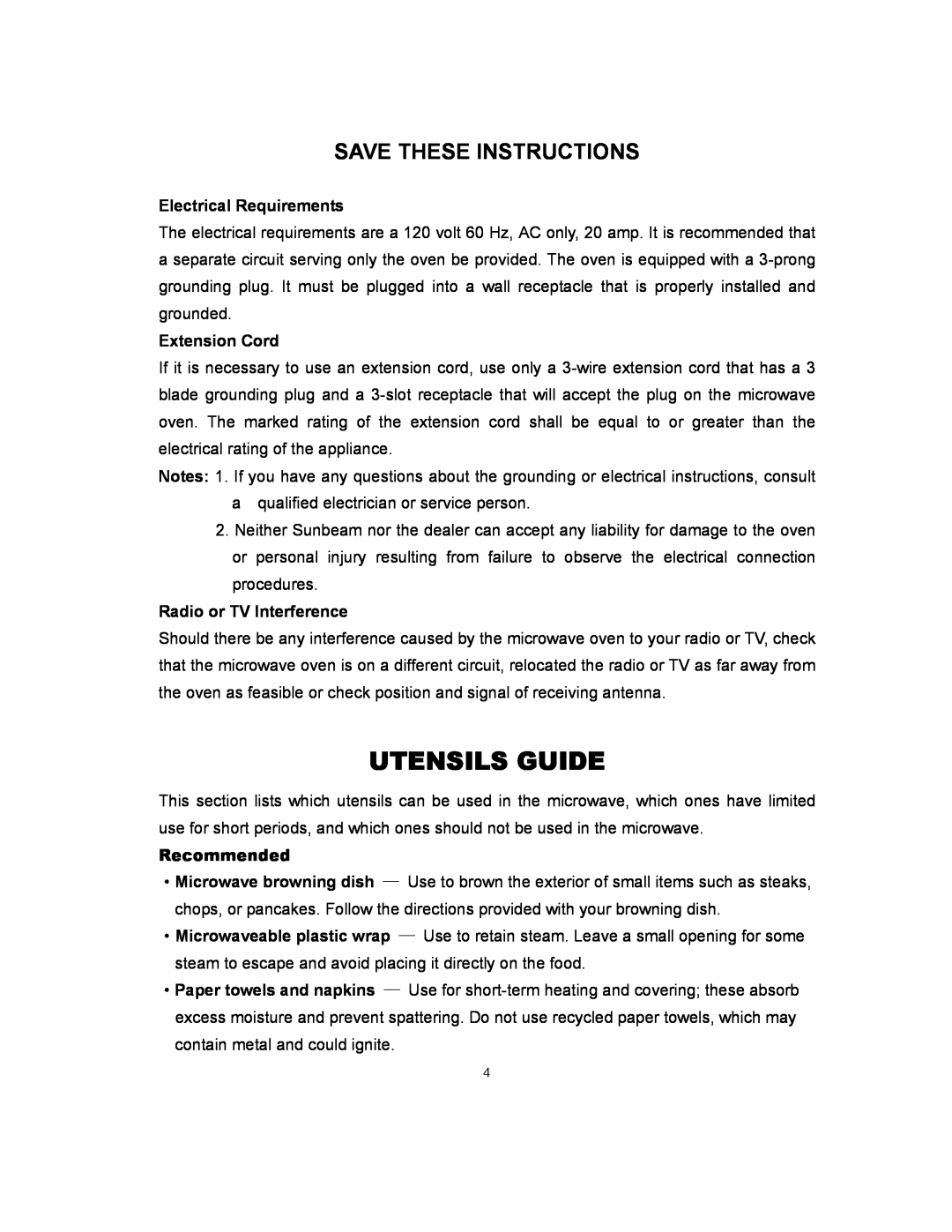 Sunbeam SMW978 Utensils Guide, Save These Instructions, Electrical Requirements, Extension Cord, Radio or TV Interference 