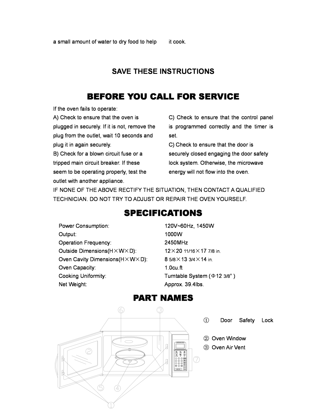 Sunbeam SMW978 owner manual Before You Call For Service, Specifications, Part Names, Save These Instructions 