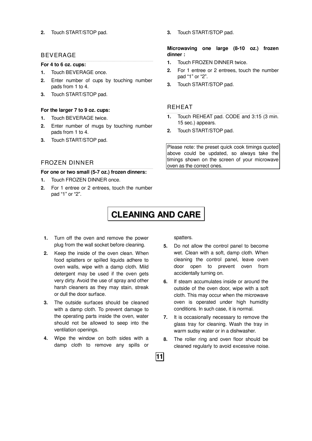 Sunbeam SMW992 owner manual Cleaning and Care, For 4 to 6 oz. cups, For the larger 7 to 9 oz. cups 