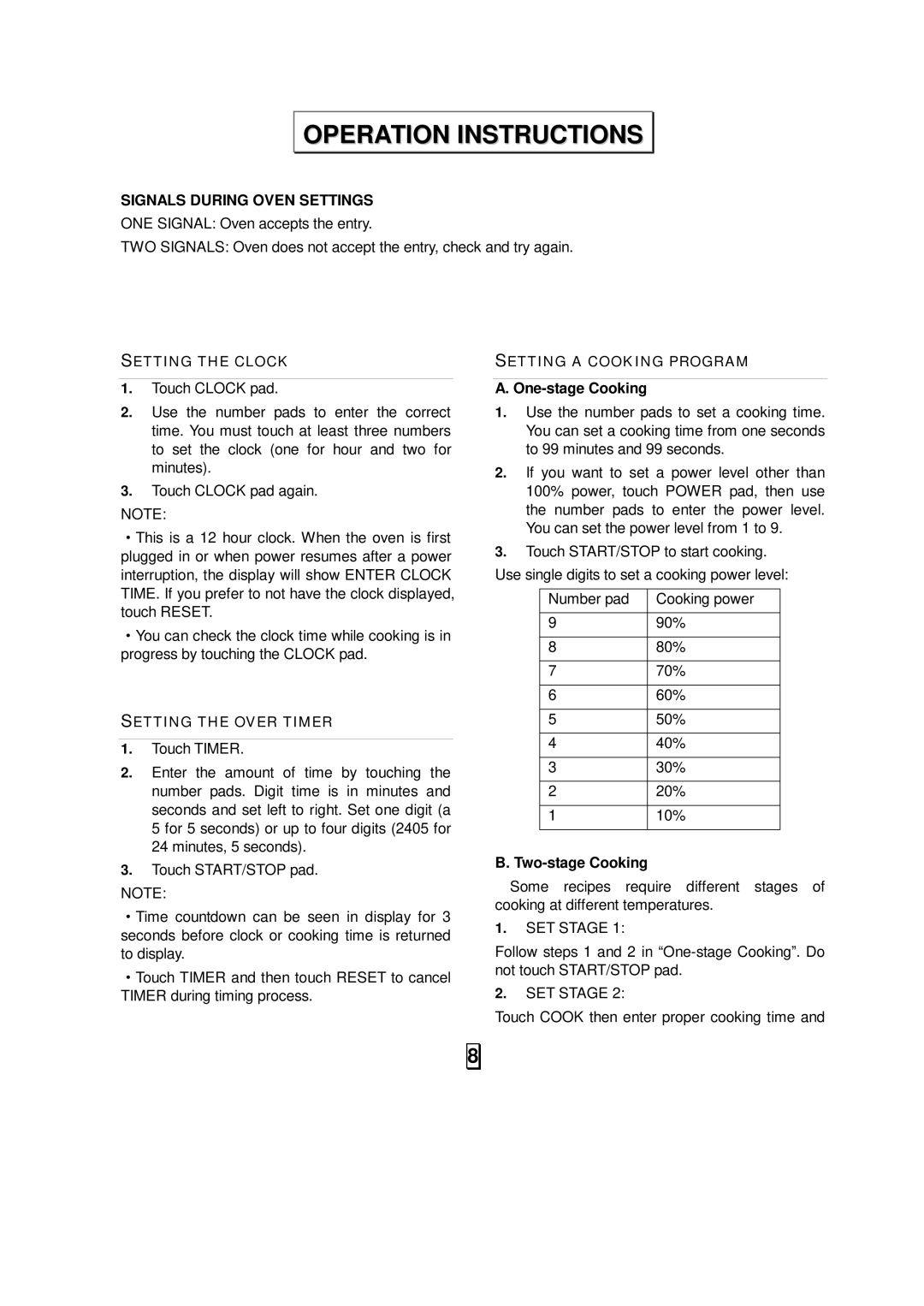 Sunbeam SMW992 owner manual Operation Instructions, One-stage Cooking, Two-stage Cooking 